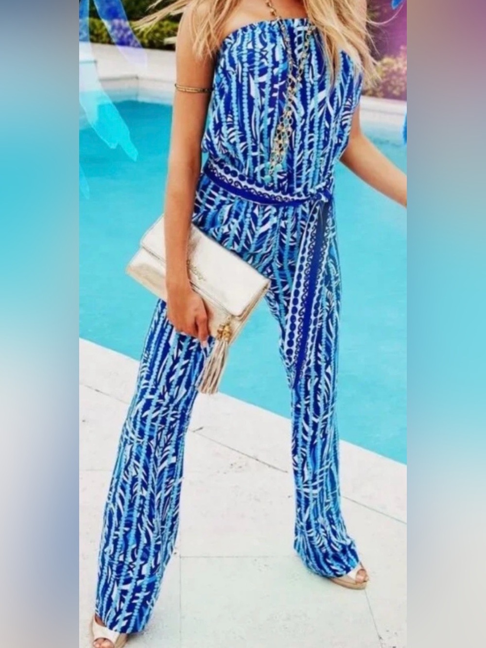 Lilly Pulitzer Strapless Wide Leg Jumpsuit Santorini Blue Beach Break Rayon Smal